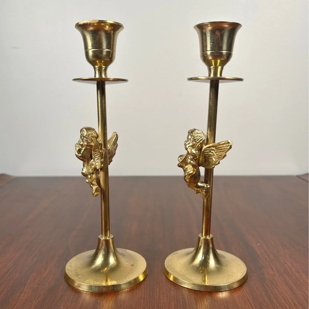 Brass Cherub Angel Candlestick Holders MCM Art Victorian Romantic India Gold TWO